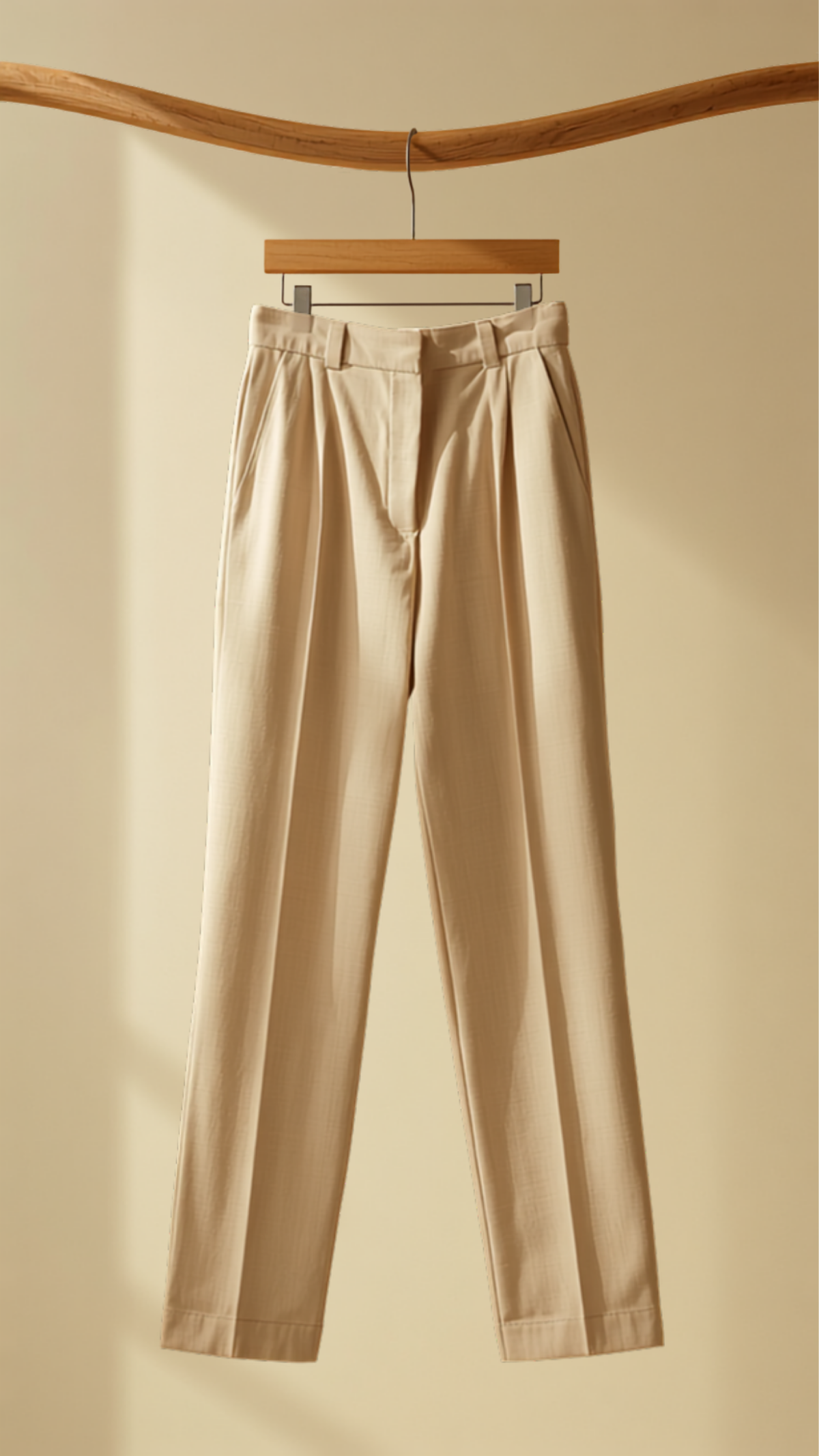 Beige tailored trousers on a wooden hanger