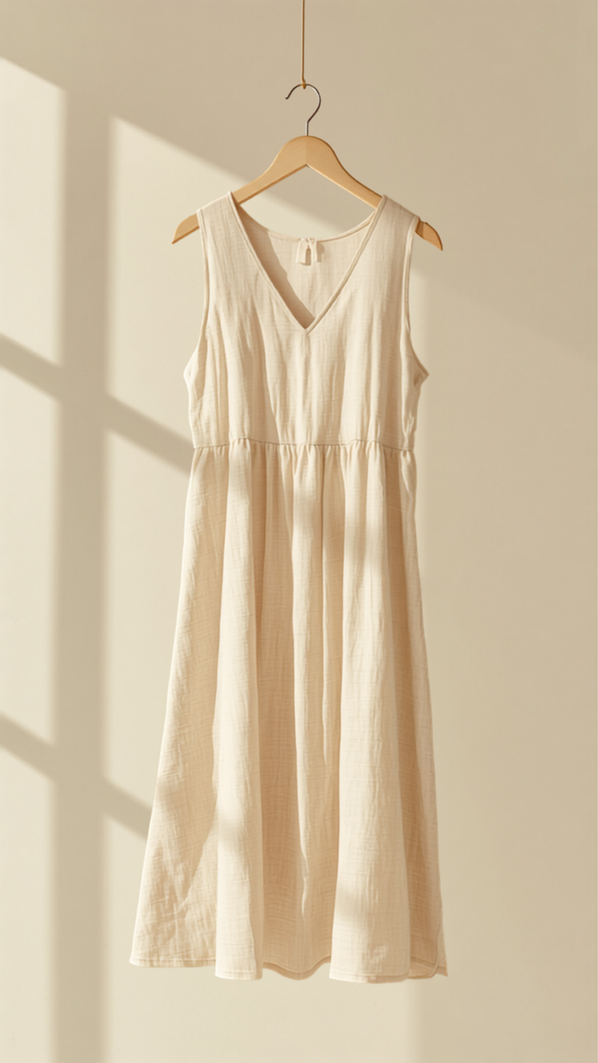 Beige linen midi dress on a wooden hanger