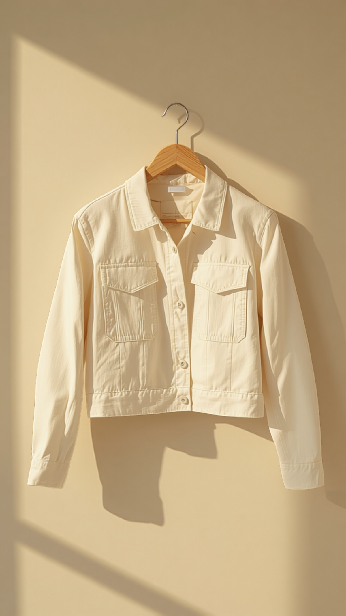 Cream cropped utility jacket on a wooden hanger