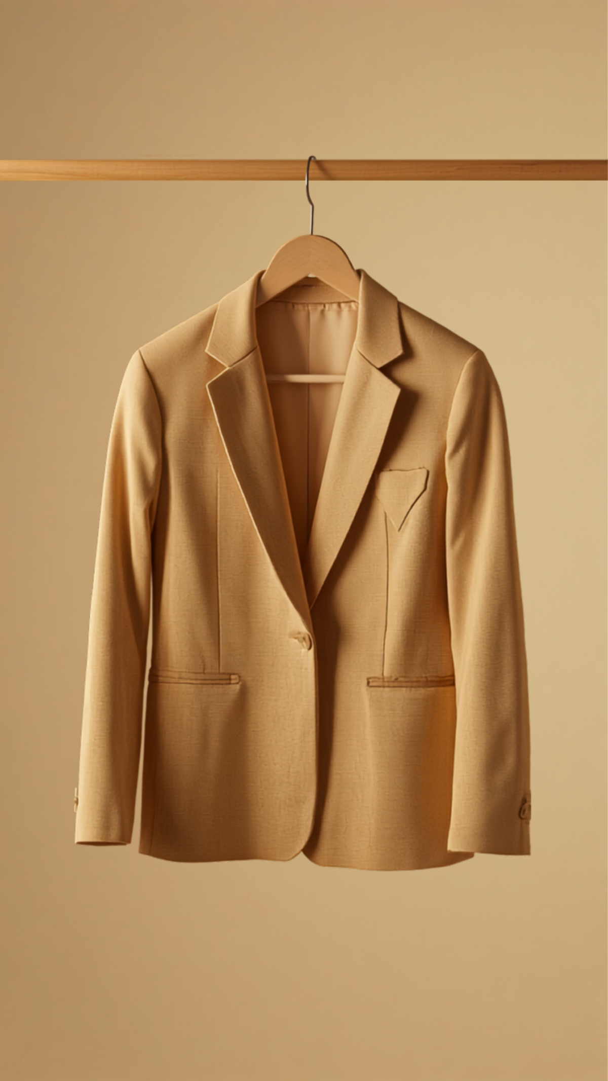 Tailored beige blazer on a wooden hanger