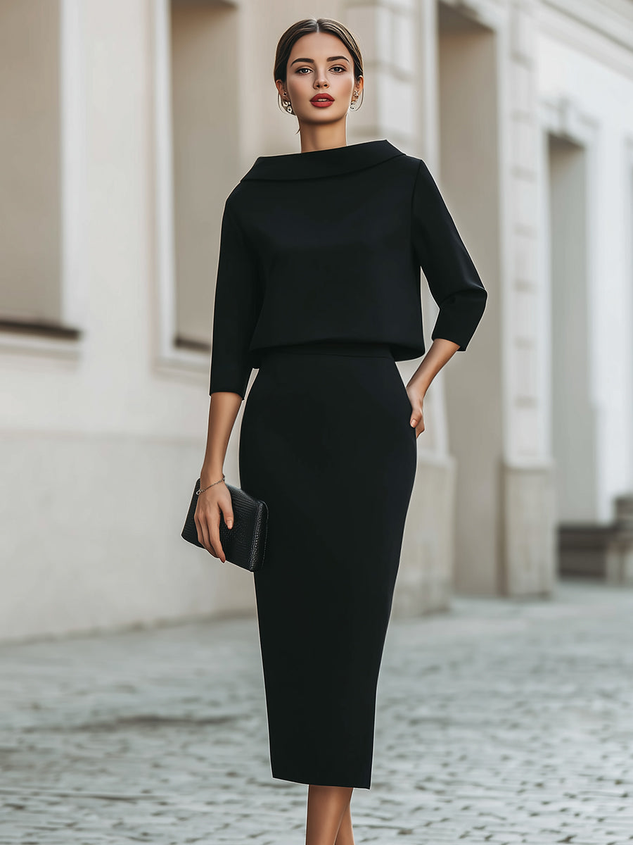 Boat Neck Top and Midi Skirt Set