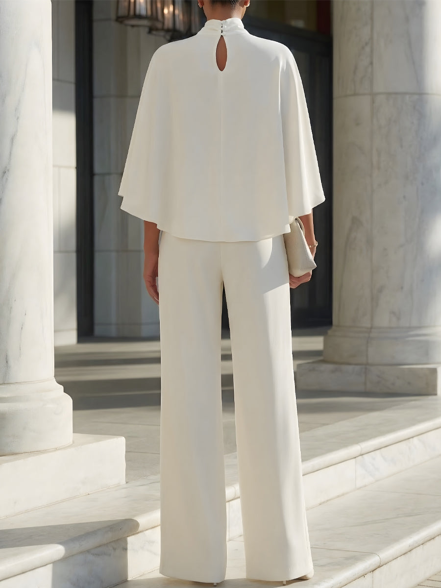 High Neck Cape Sleeve Blouse and Wide Leg Trousers Set
