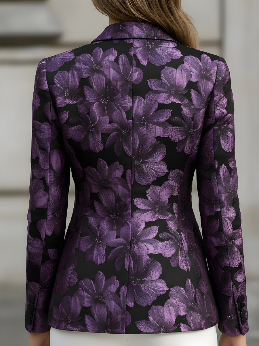 Women's Black and Purple Floral Jacquard Blazer