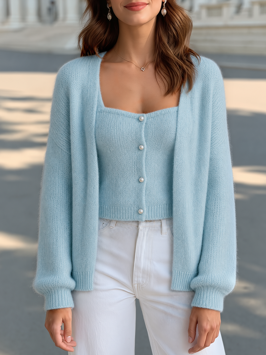 Fuzzy Knit Twinset - Light Blue