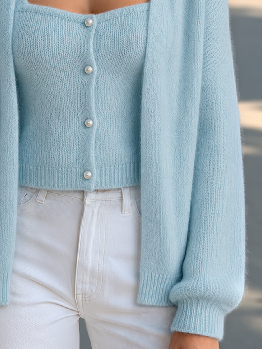 Fuzzy Knit Twinset with Pearl Button Cami and Cardigan