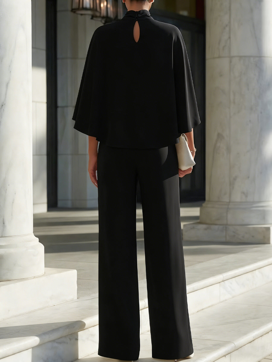 High Neck Cape Sleeve Blouse and Wide Leg Trousers Set