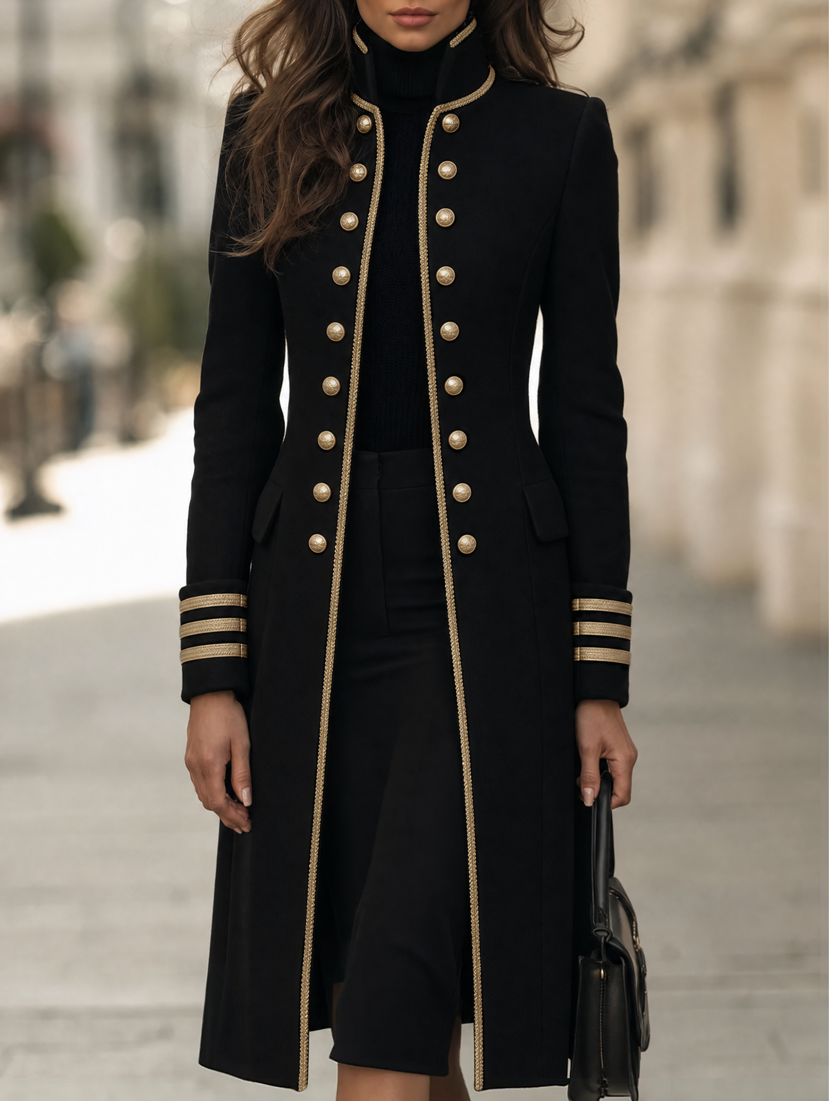 Double-Breasted Military Longline Coat - Black