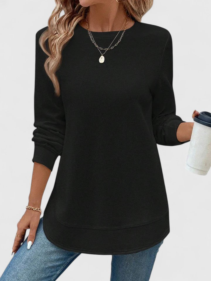 Women's Waffle Knit Crew Neck Top with Long Sleeves – Black