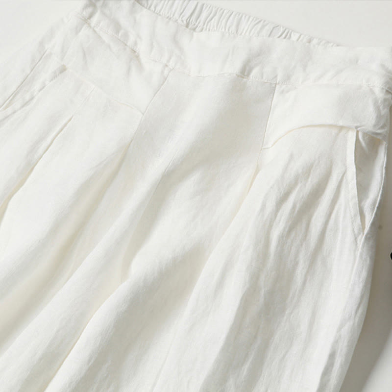Women's Cotton Linen High Waisted Wide Leg Trousers with Pockets
