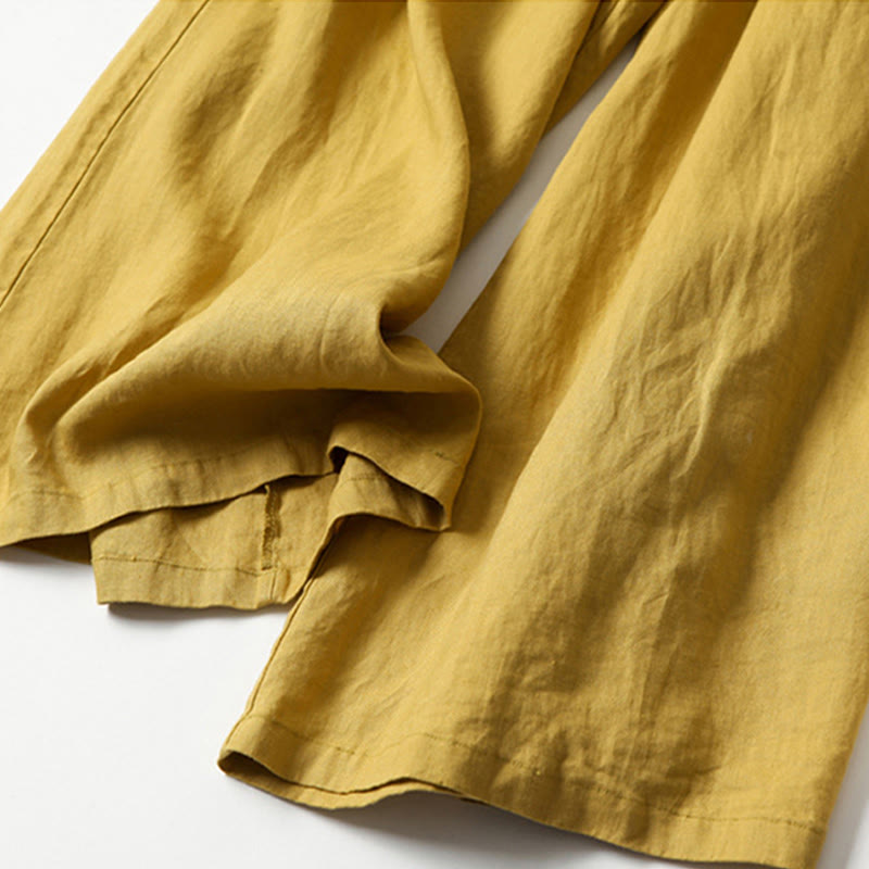 Women's Cotton Linen High Waisted Wide Leg Trousers with Pockets