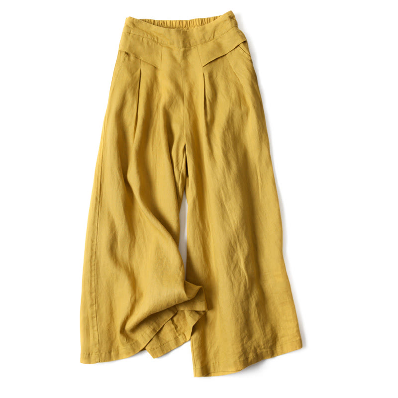 Women's Cotton Linen High Waisted Wide Leg Trousers with Pockets – Yellow