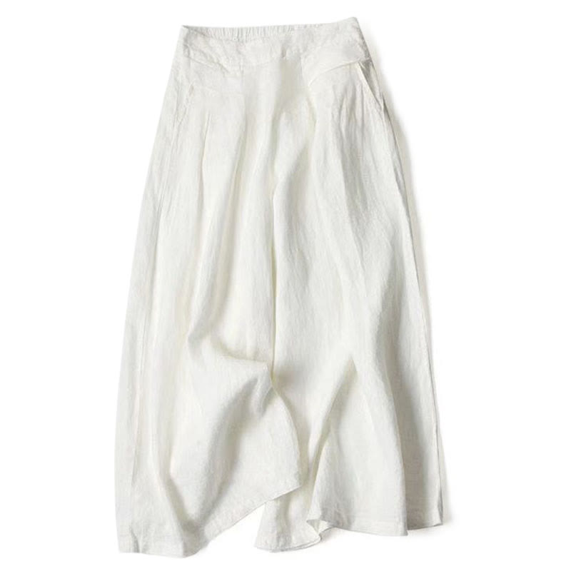 Women's Cotton Linen High Waisted Wide Leg Trousers with Pockets – White