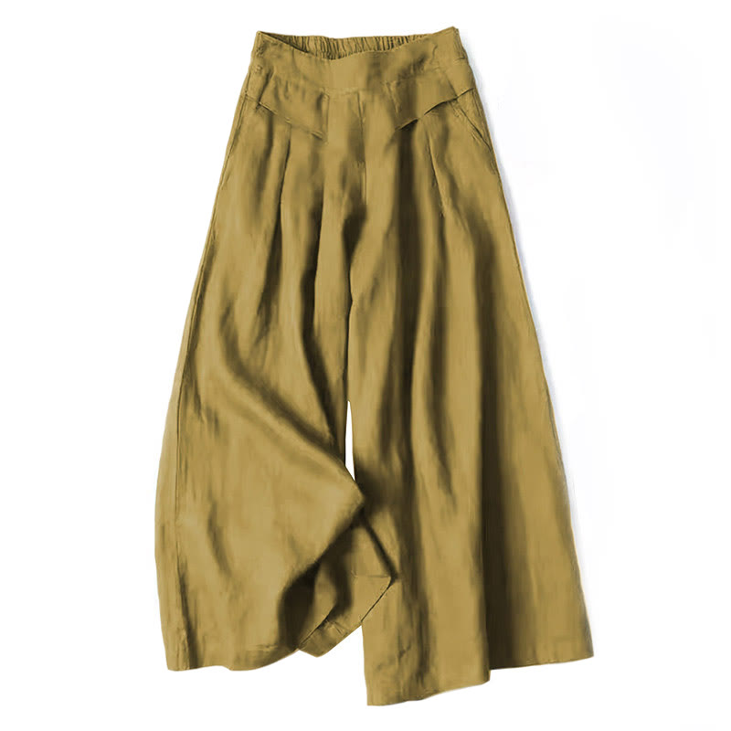 Women's Cotton Linen High Waisted Wide Leg Trousers with Pockets – Dark Khaki
