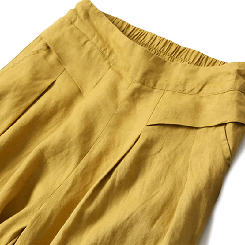 Women's Cotton Linen High Waisted Wide Leg Trousers with Pockets