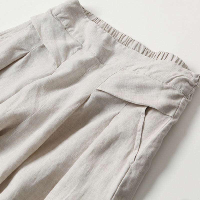 Women's Cotton Linen High Waisted Wide Leg Trousers with Pockets