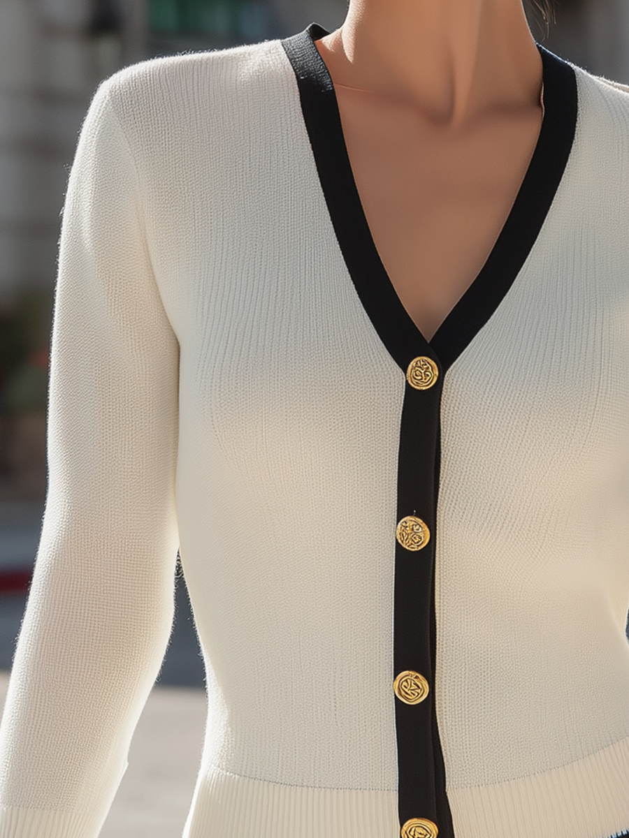 Knit Cardigan with Contrast Trim and Gold Buttons