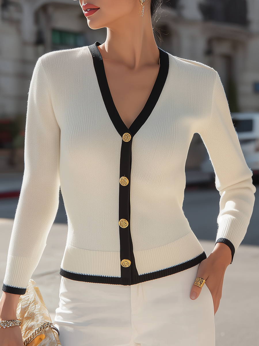 Knit Cardigan with Contrast Trim - White
