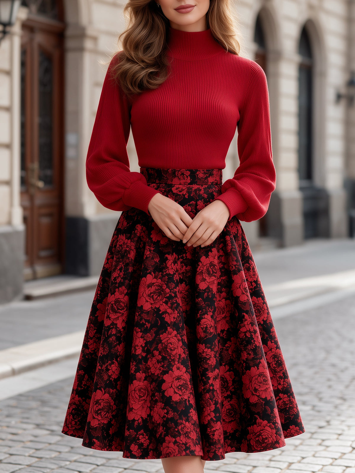 Mock Neck Knit Top and Floral Jacquard Midi Skirt Set - Red