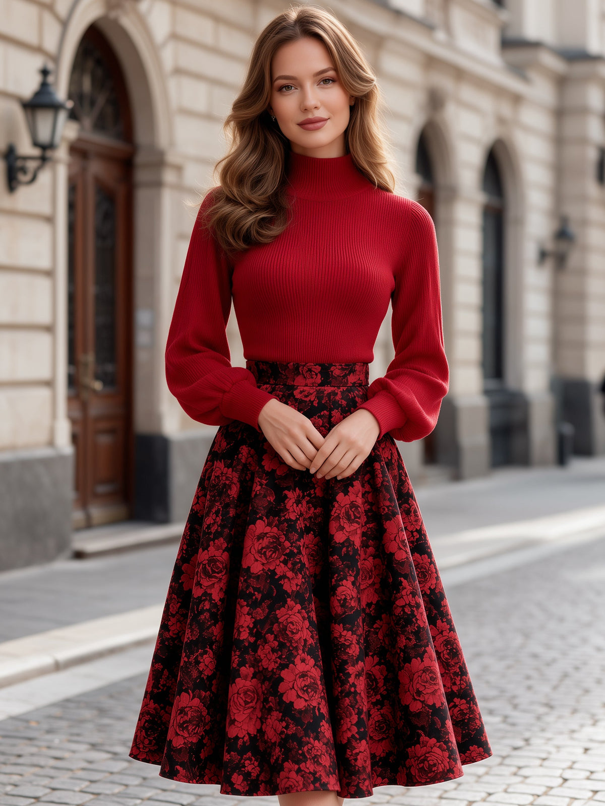 Mock Neck Knit Top and Floral Jacquard Midi Skirt Set