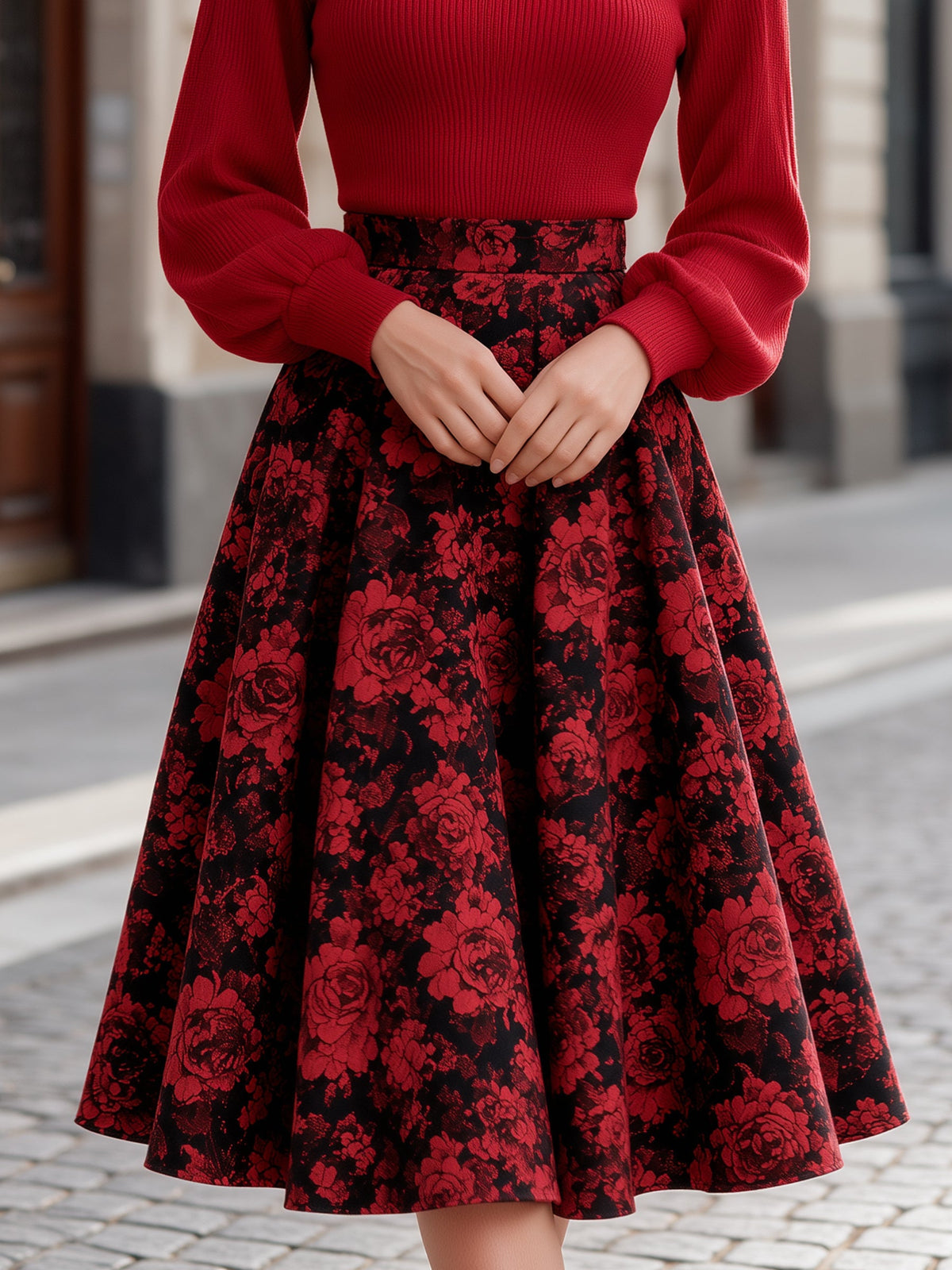 Mock Neck Knit Top and Floral Jacquard Midi Skirt Set