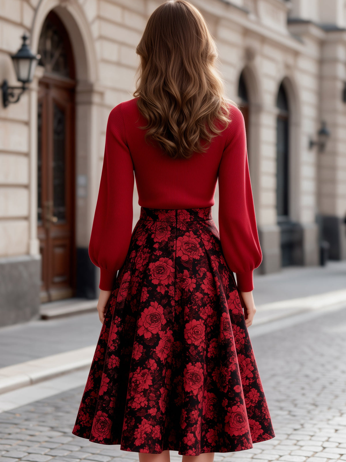 Mock Neck Knit Top and Floral Jacquard Midi Skirt Set