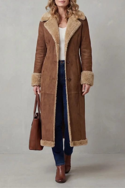 Women's Long Winter Coat with Shearling Lining – Brown 1