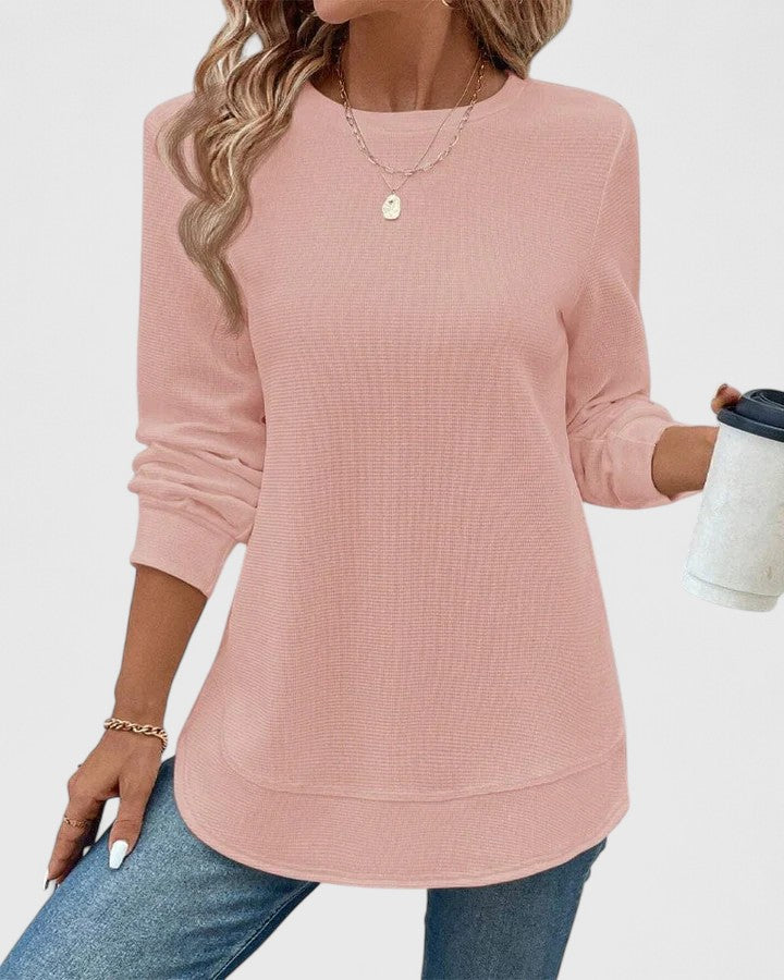 Women's Waffle Knit Crew Neck Top with Long Sleeves – Pink