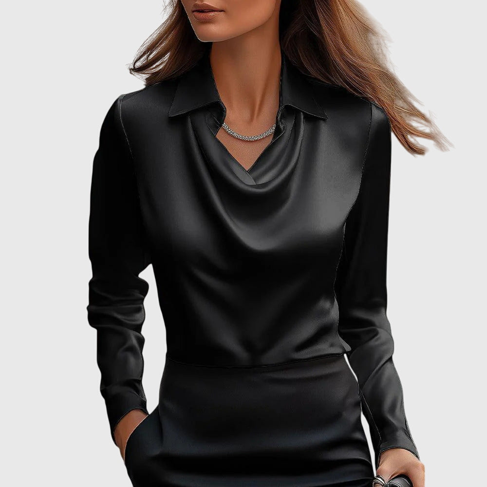 Women's Pleated Neckline Blouse with Flowing Draped Fit – Black