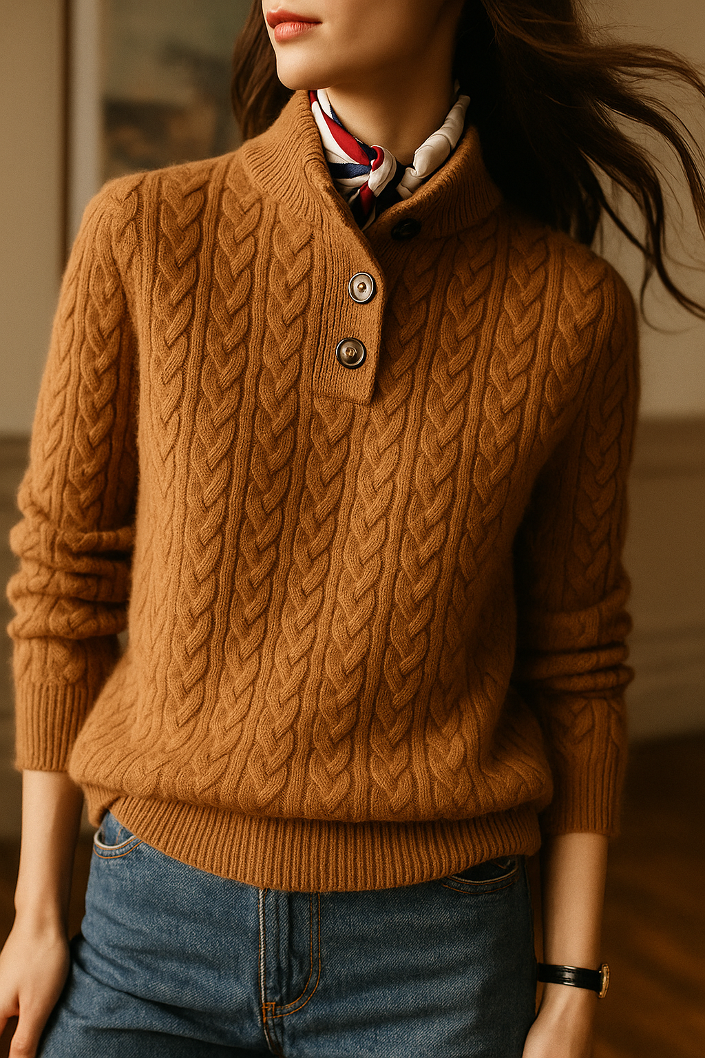 Women's Cable Knit Jumper with Button Neck