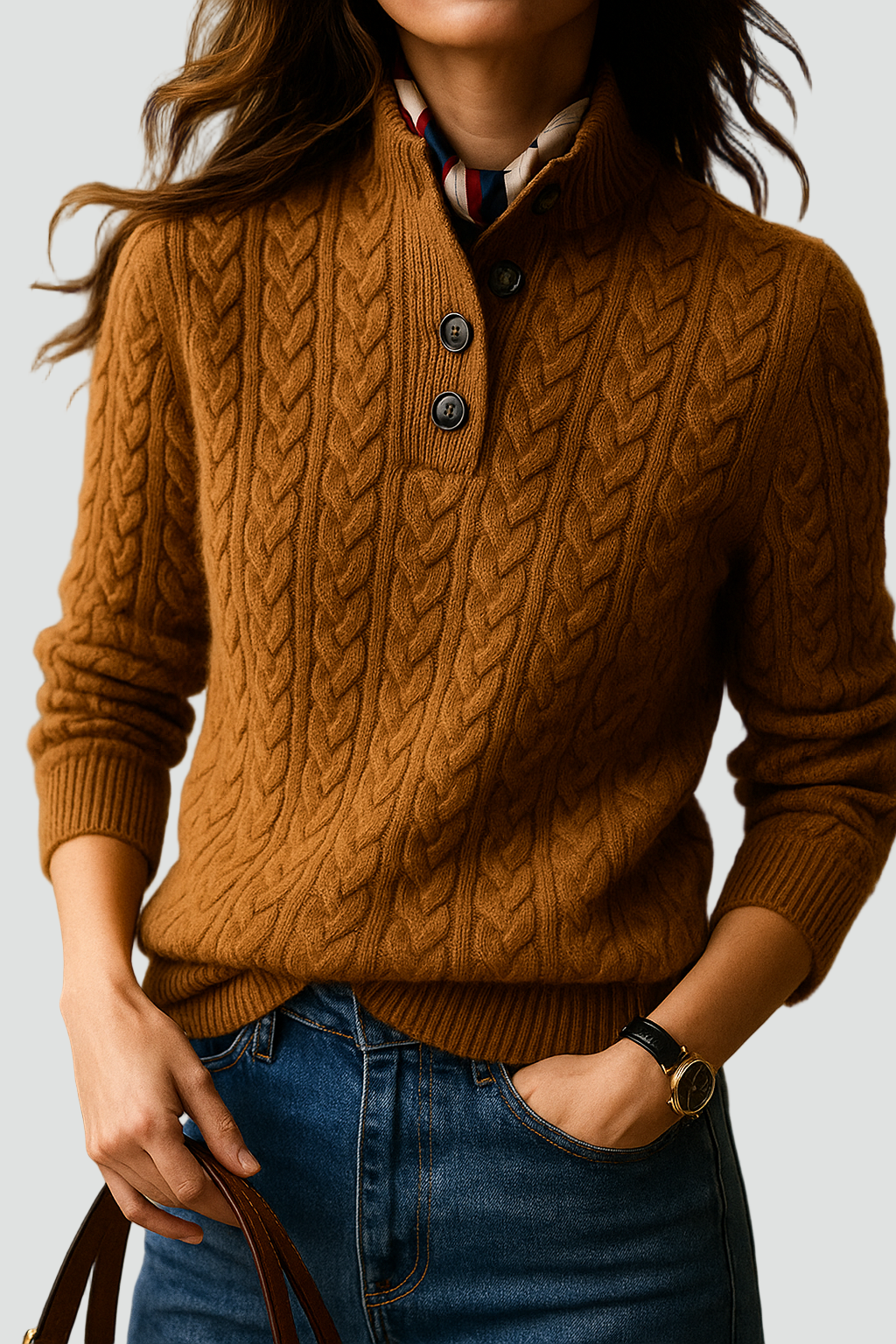 Women's Cable Knit Jumper with Button Neck – Vintage Cream