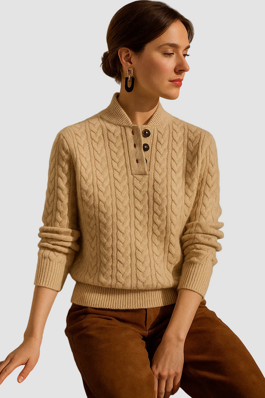 Women's Cable Knit Jumper with Button Neck