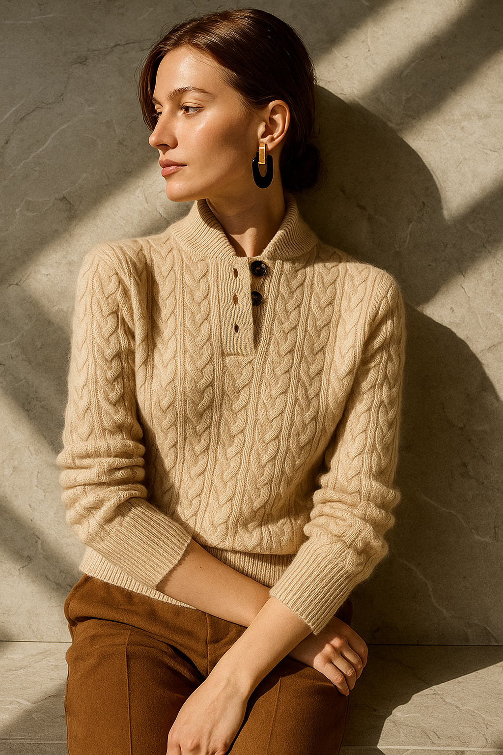 Women's Cable Knit Jumper with Button Neck