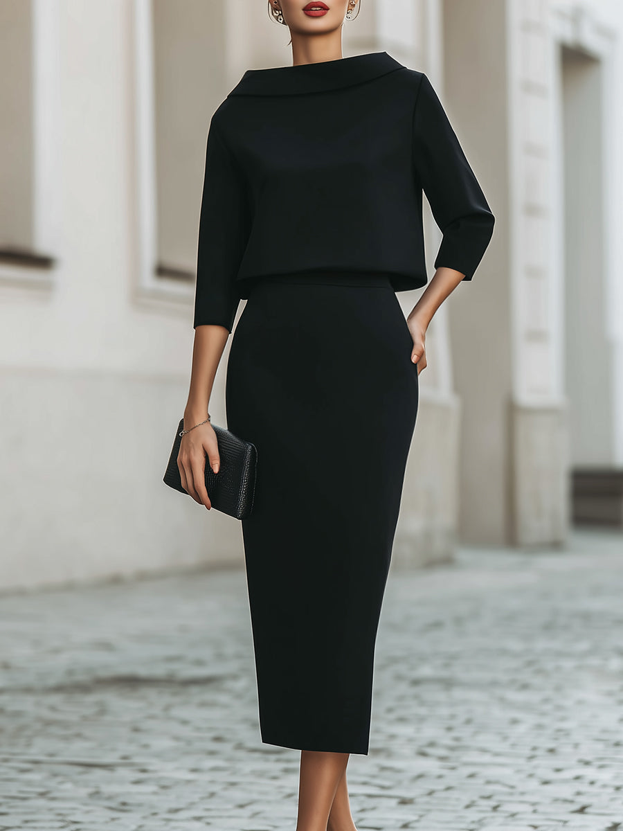 Boat Neck Top and Midi Skirt Set - Black