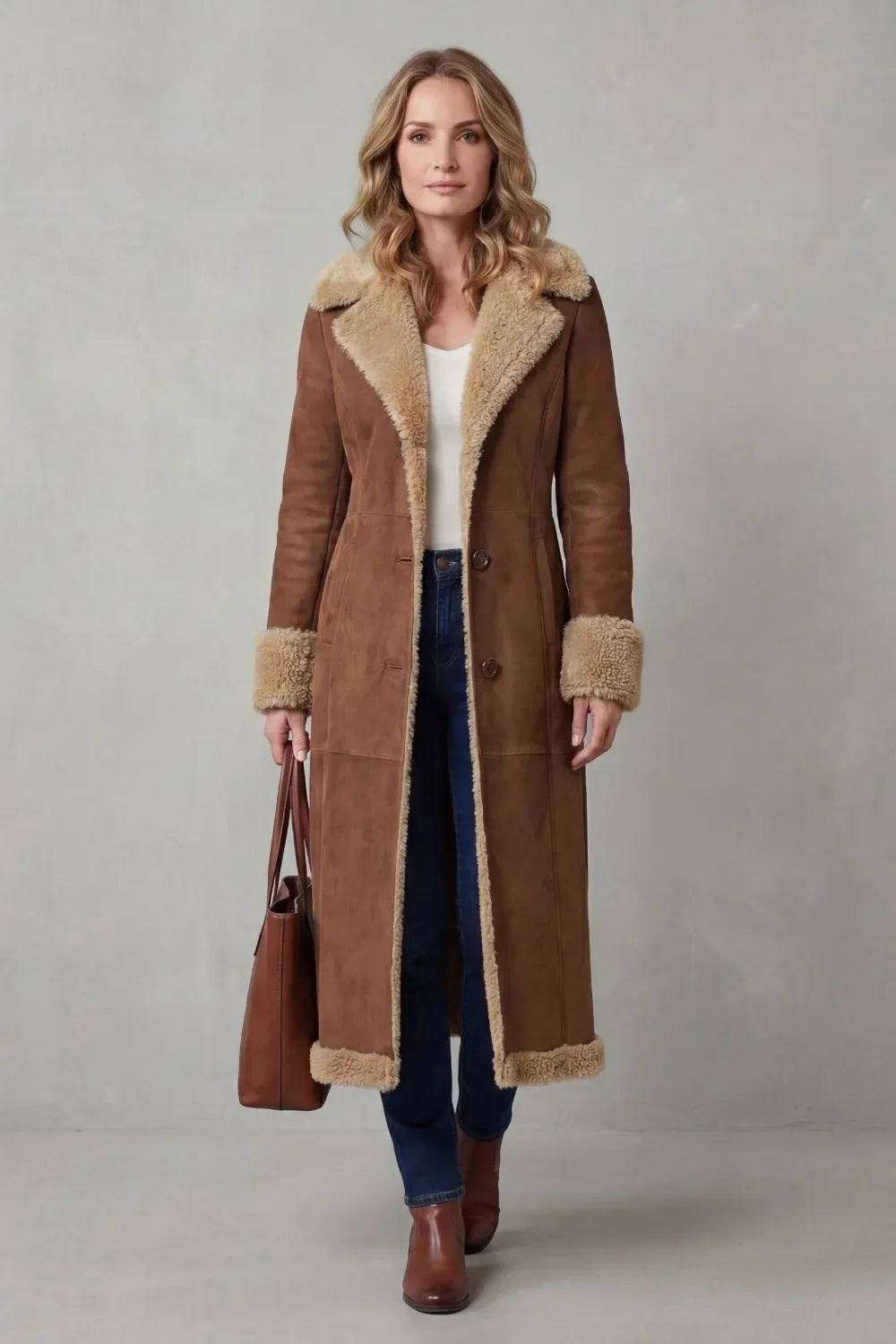 Women's Long Winter Coat with Shearling Lining – Brown 2