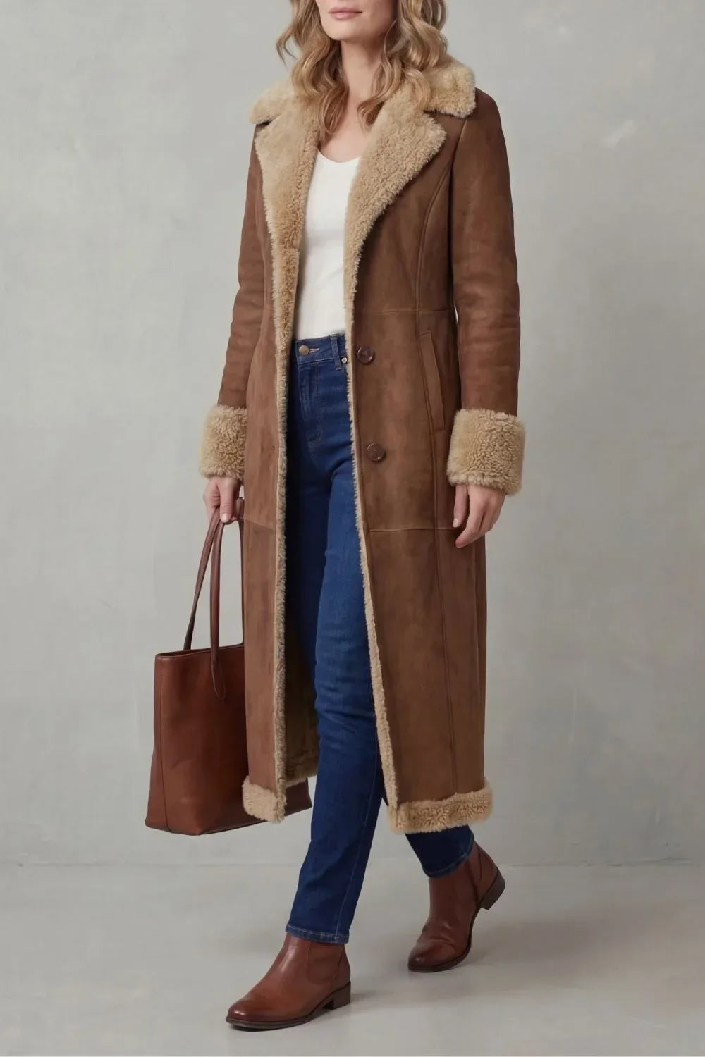 Women's Long Winter Coat with Shearling Lining – Brown 3
