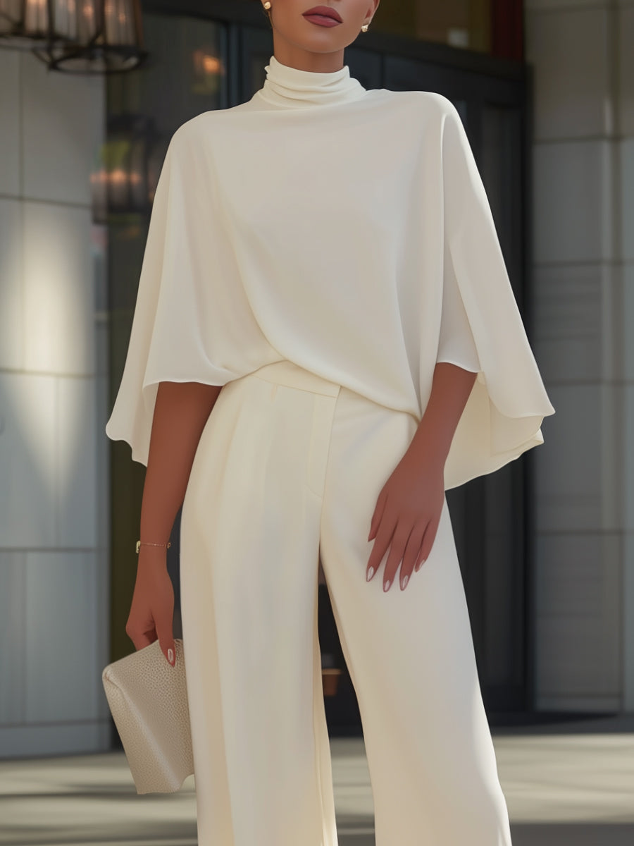 High Neck Cape Sleeve Blouse and Wide Leg Trousers Set