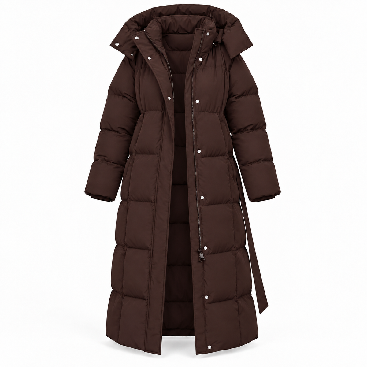 Women's Long Padded Winter Coat with Belt – Burgundy 2