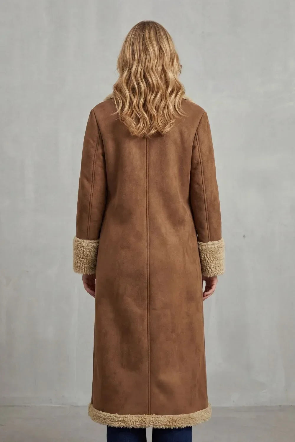Women's Long Winter Coat with Shearling Lining – Brown 4