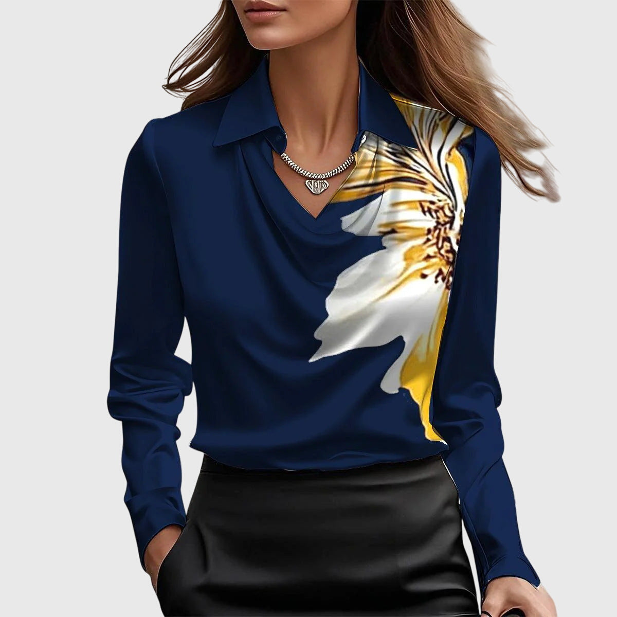Women's Pleated Neckline Blouse with Flowing Draped Fit – Dark Blue