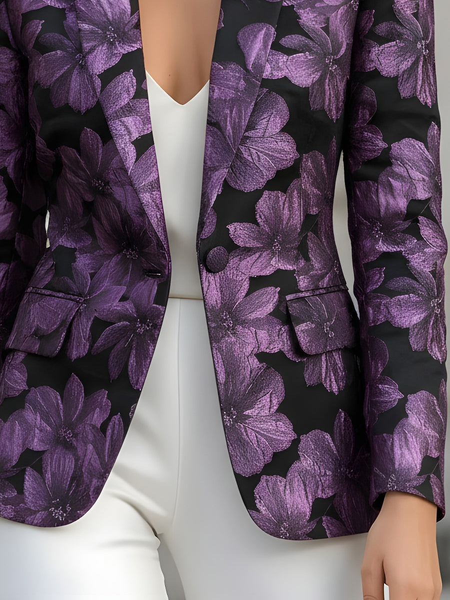 Women's Black and Purple Floral Jacquard Blazer