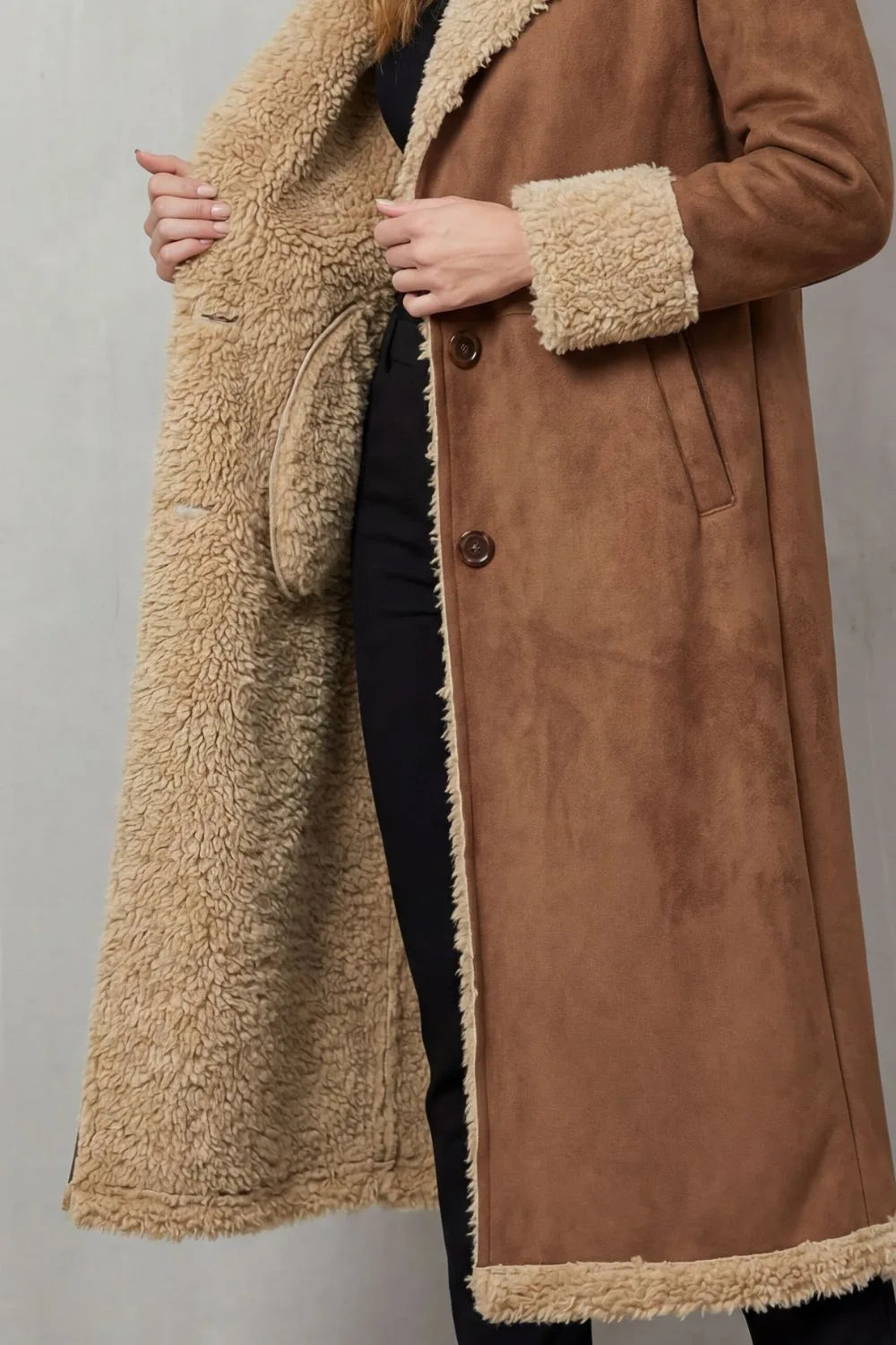 Women's Long Winter Coat with Shearling Lining – Brown 5