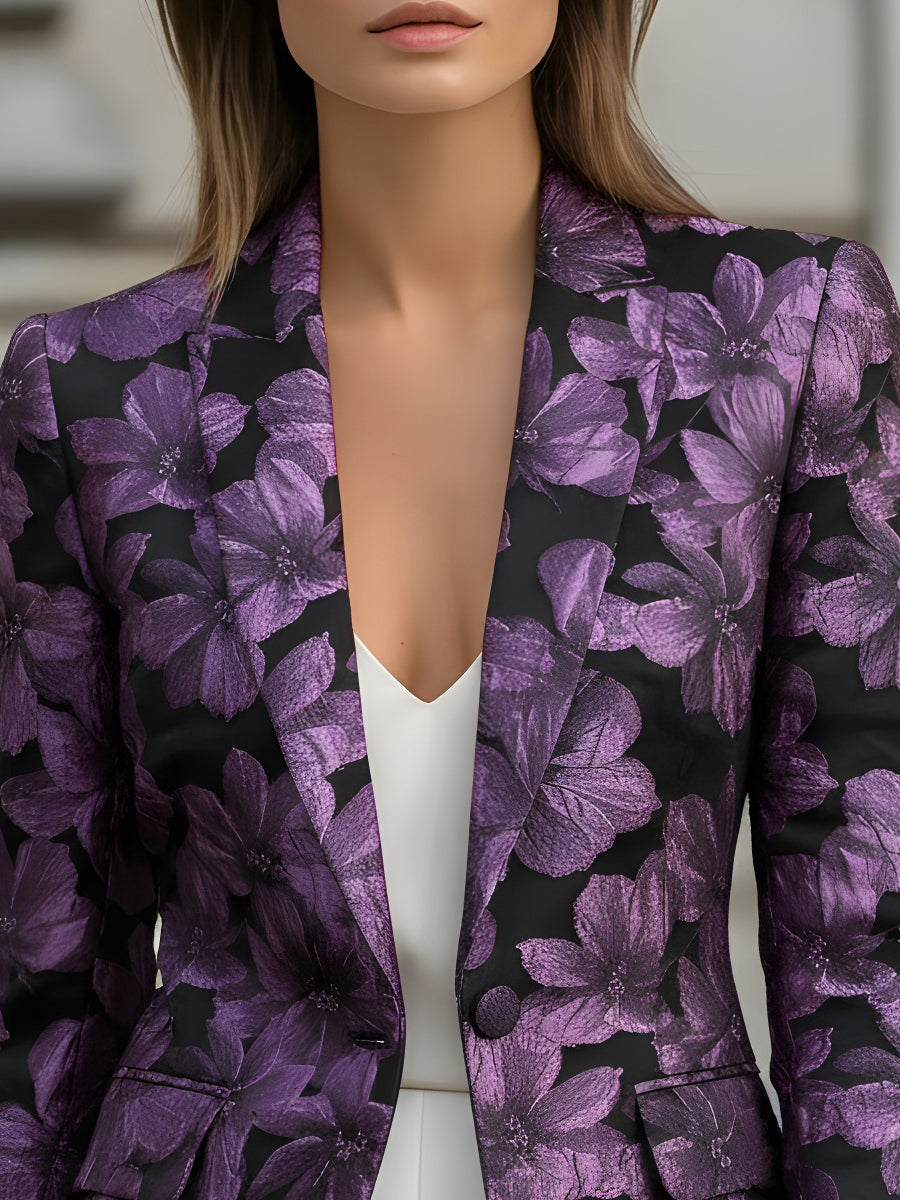 Women's Black and Purple Floral Jacquard Blazer