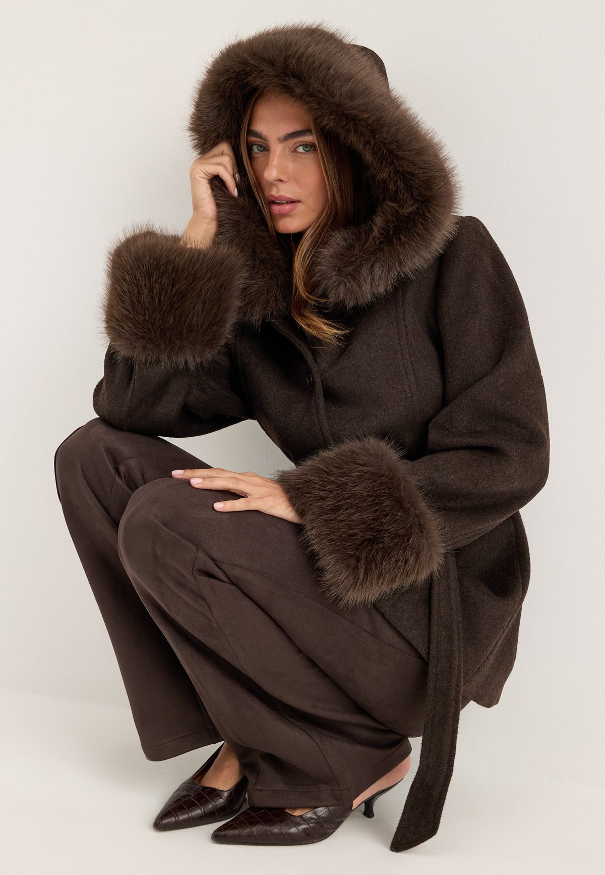 Women's Hooded Wool Blend Coat with Belt – Dark Brown 1