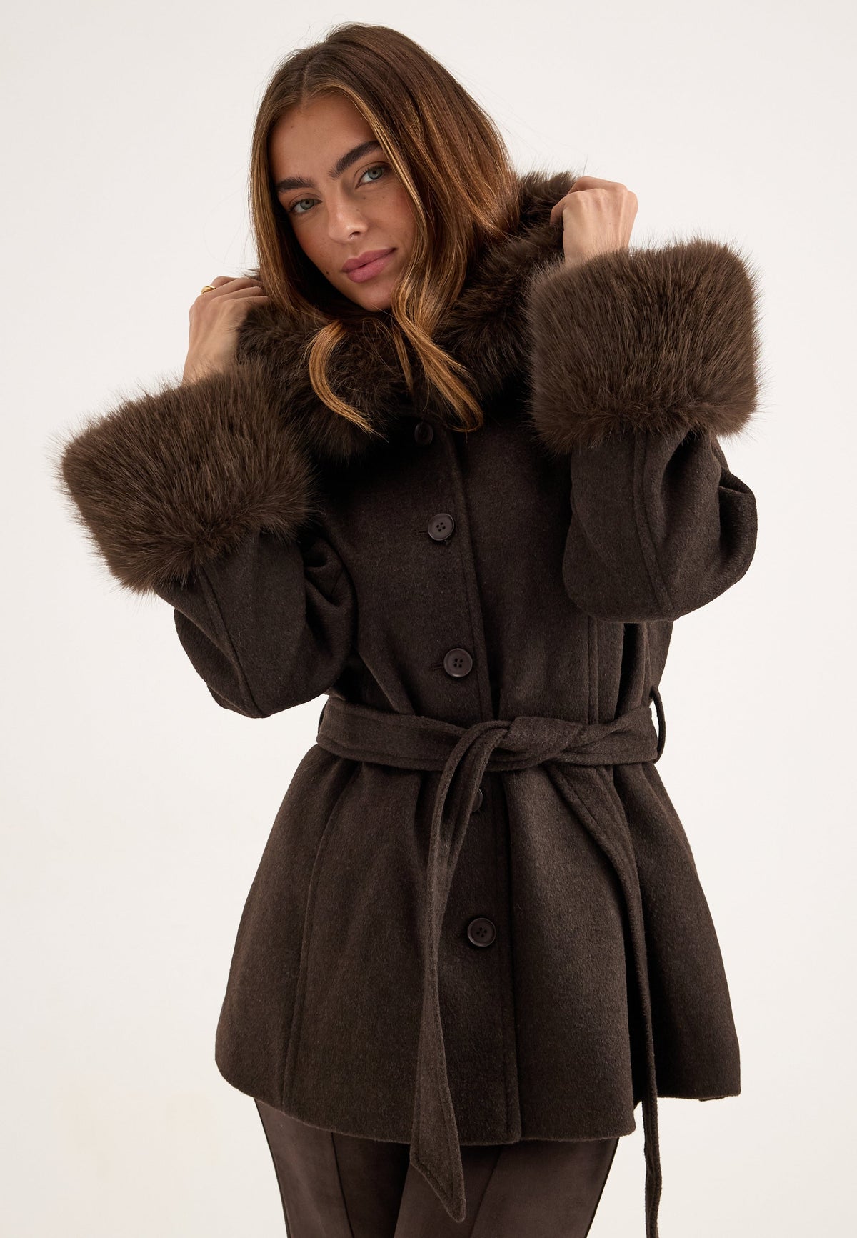 Women's Hooded Wool Blend Coat with Belt – Dark Brown 3