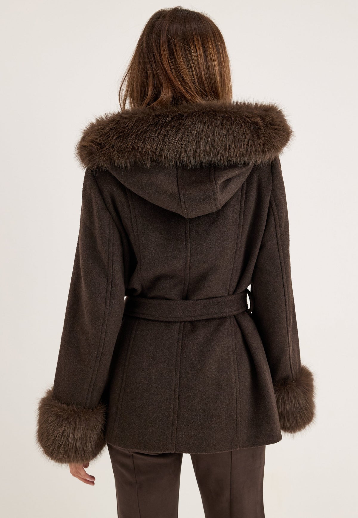 Women's Hooded Wool Blend Coat with Belt – Dark Brown 4