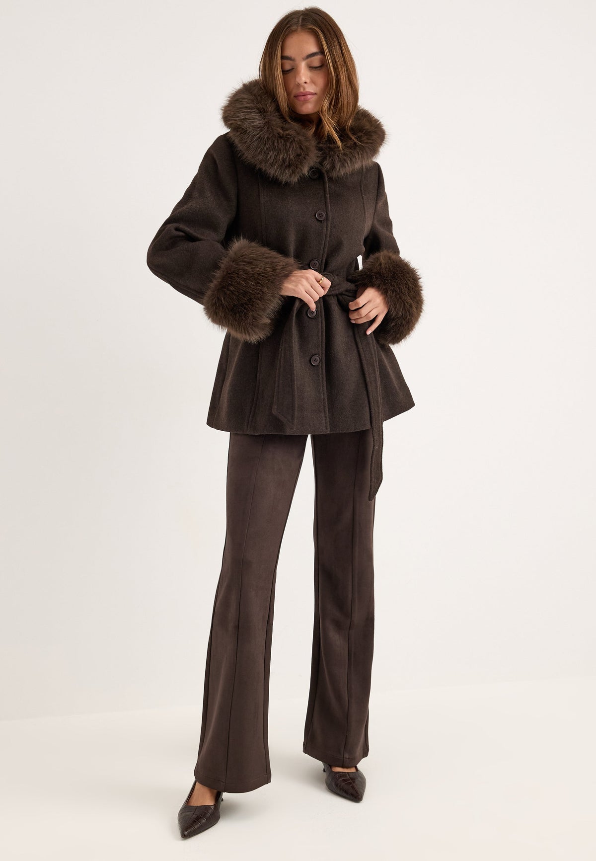 Women's Hooded Wool Blend Coat with Belt – Dark Brown 2