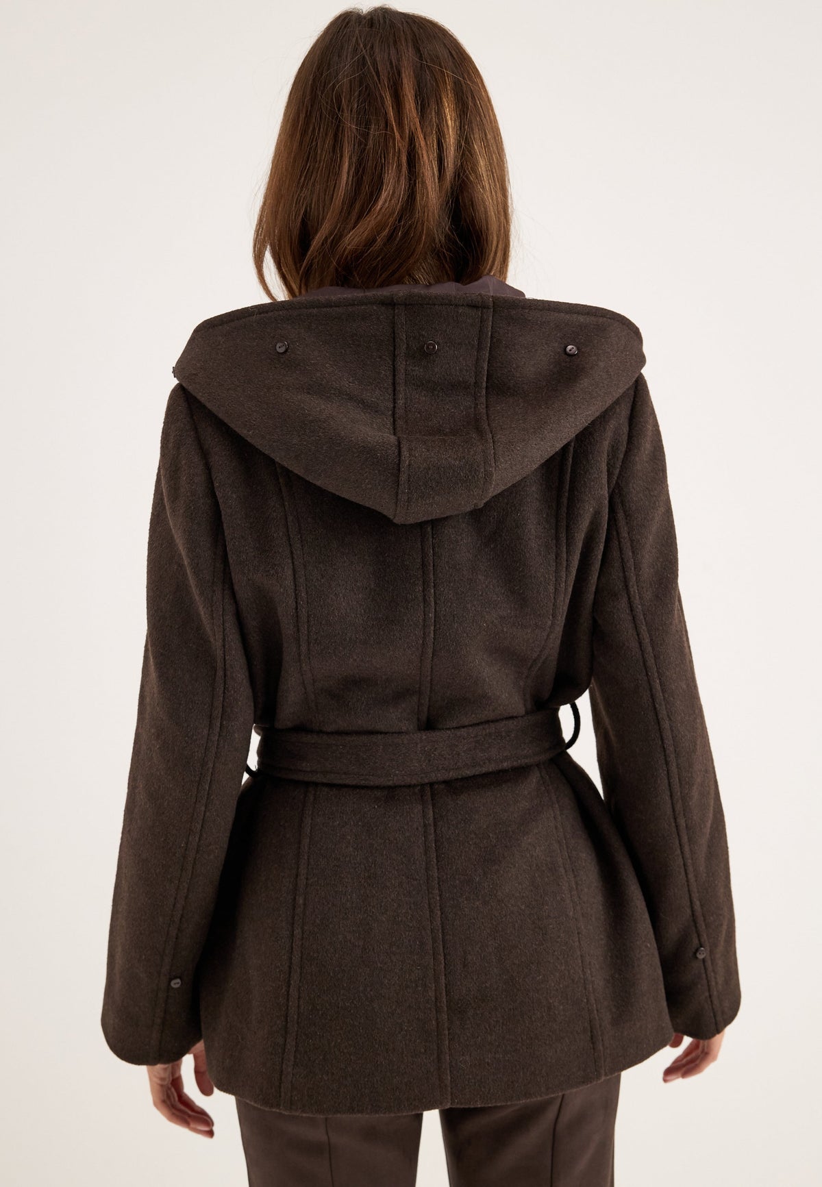 Women's Hooded Wool Blend Coat with Belt – Dark Brown 9