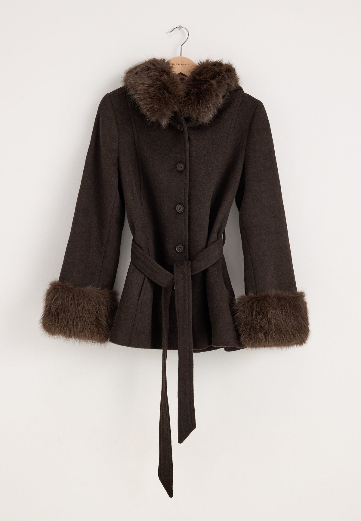Women's Hooded Wool Blend Coat with Belt – Dark Brown 10