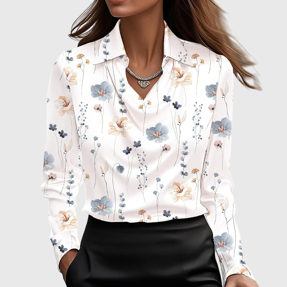 Women's Pleated Neckline Blouse with Flowing Draped Fit – White Floral