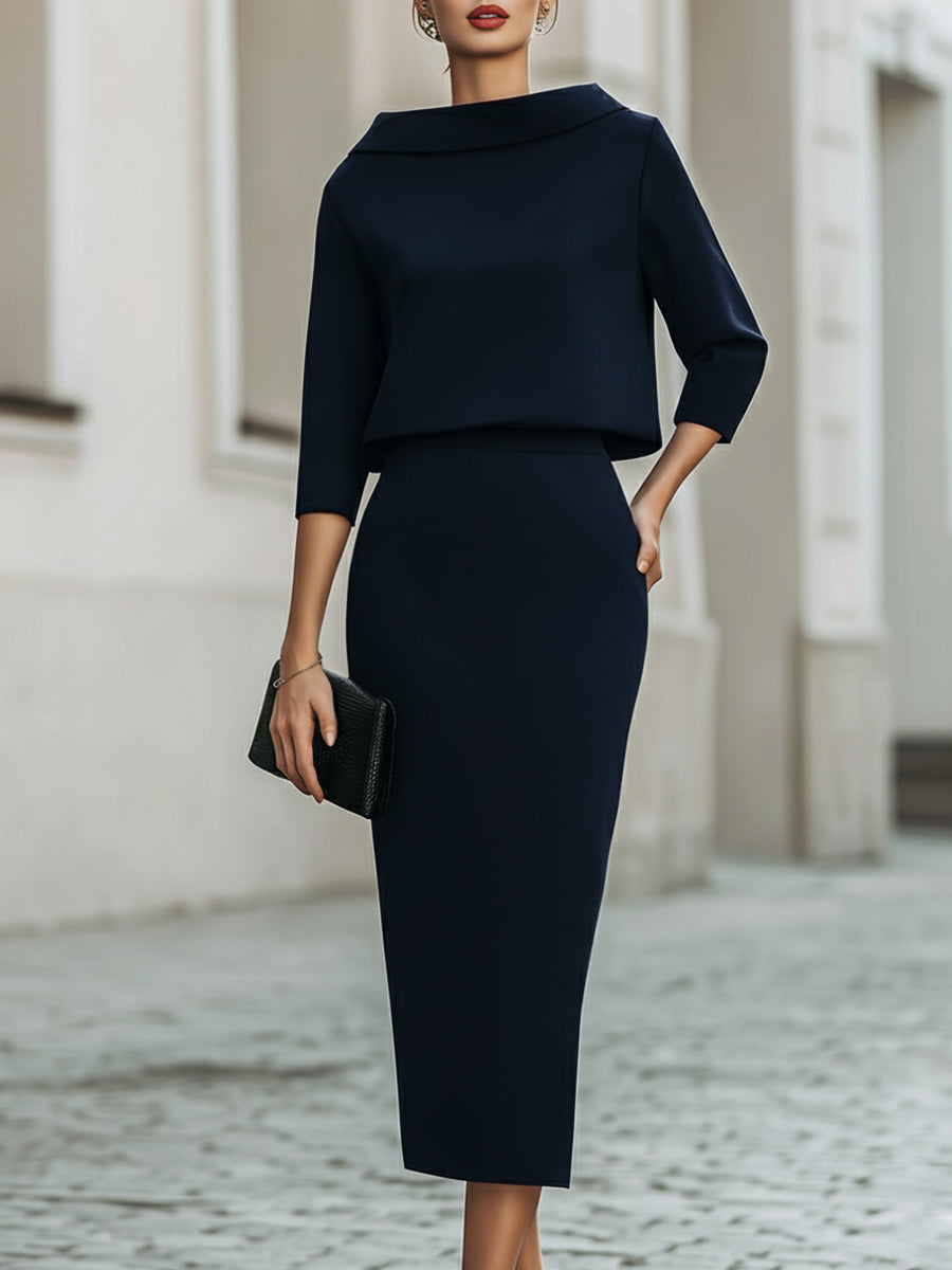 Boat Neck Top and Midi Skirt Set